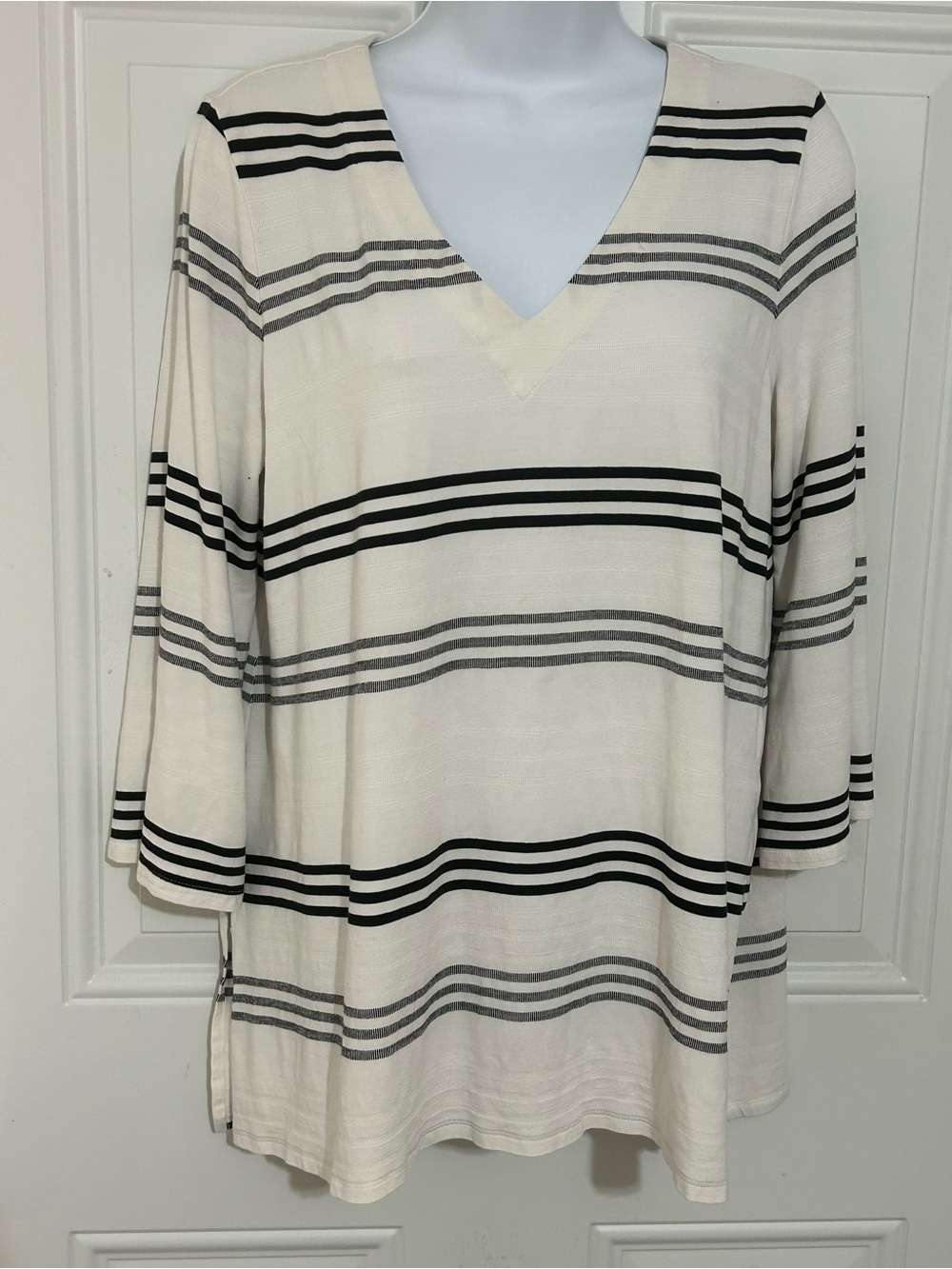 J. Jill Cream V-Neck Tunic with Black and Gray Stripes